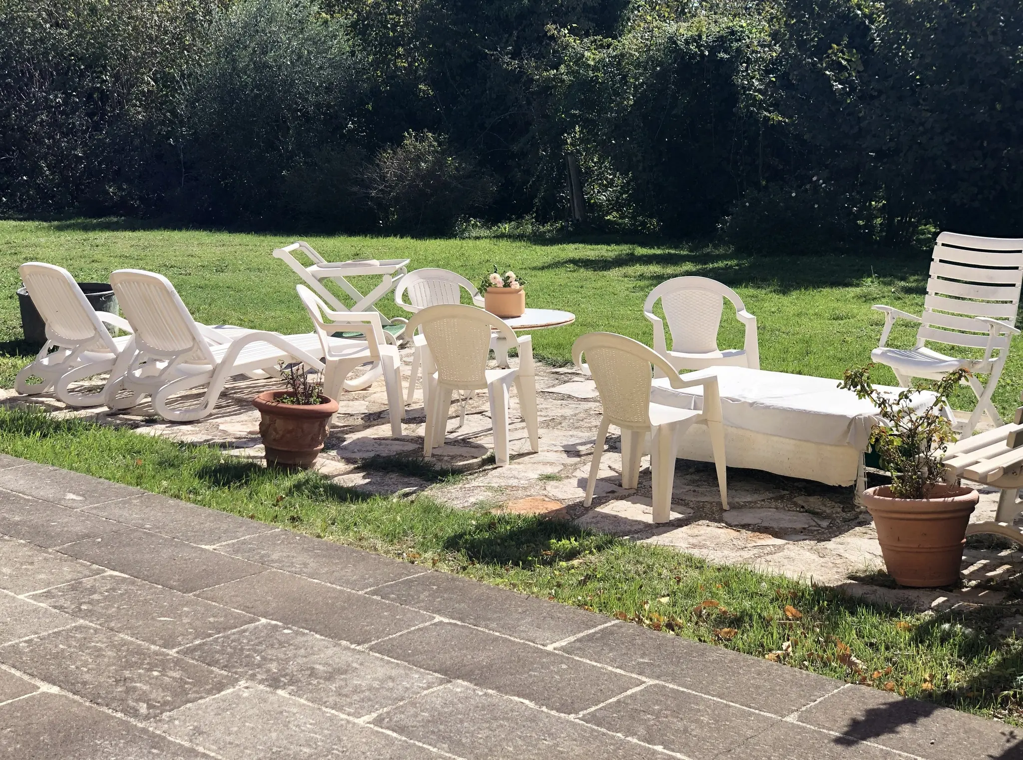 Sun loungers, chairs and tables on the garden lawn