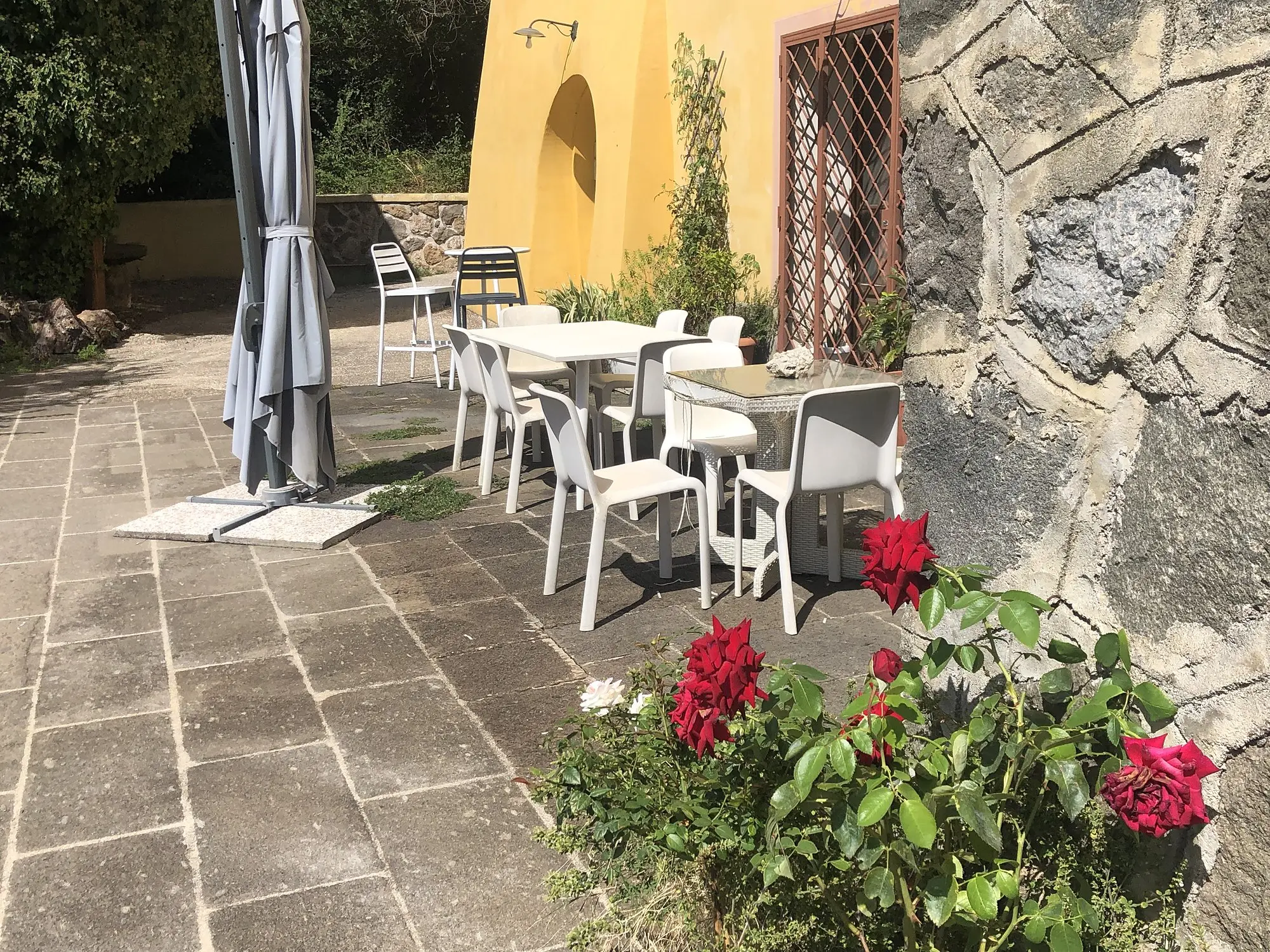 The terrace with tables and geraniums