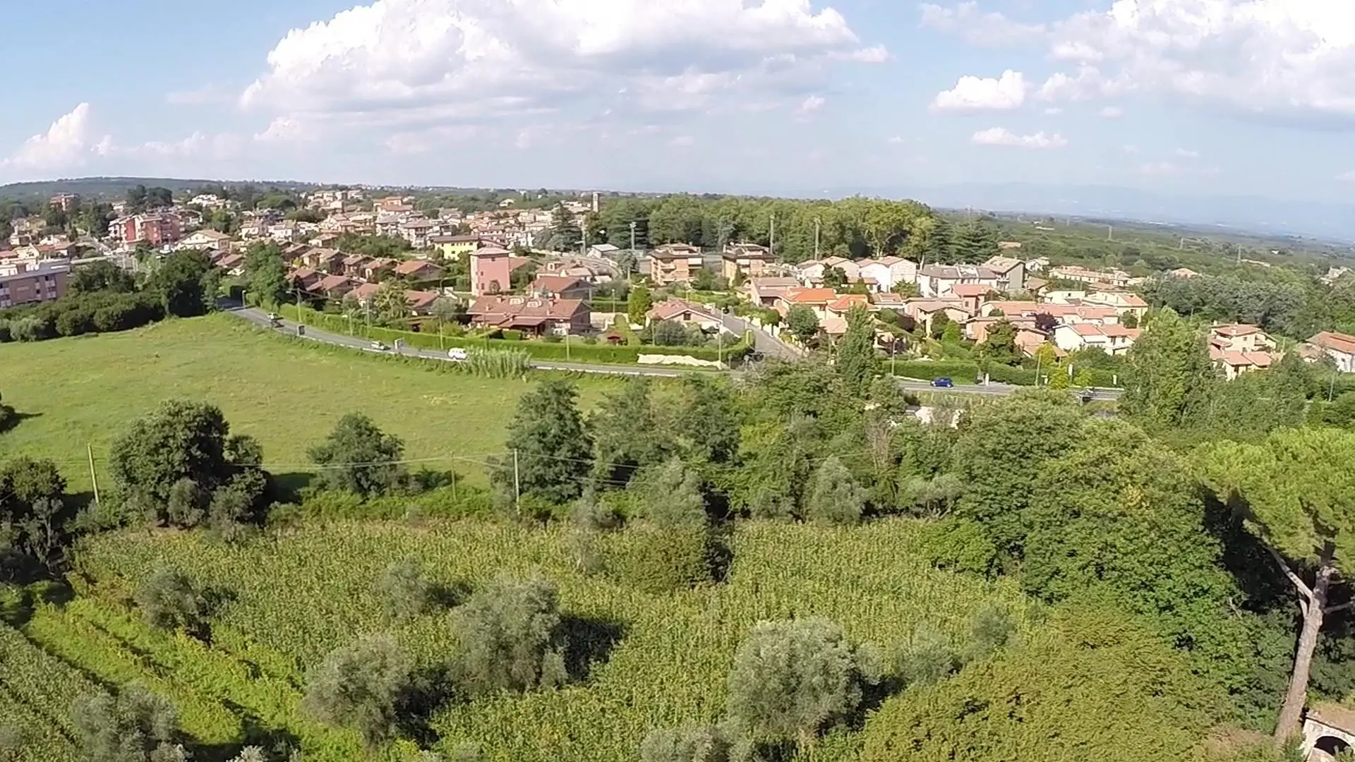 The old town of Ronciglione seen from Casale Fedele, beyond the fields and the hazelnut grove